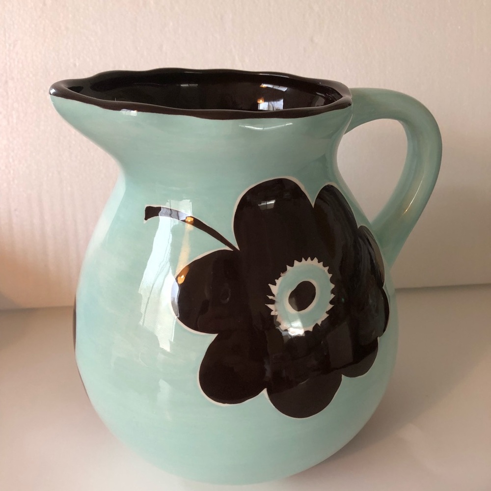 Laurie Gates Gatesware Pitcher Robin Egg Blue with Cocoa Brown Flowers NO PLATE - Picture 4 of 5